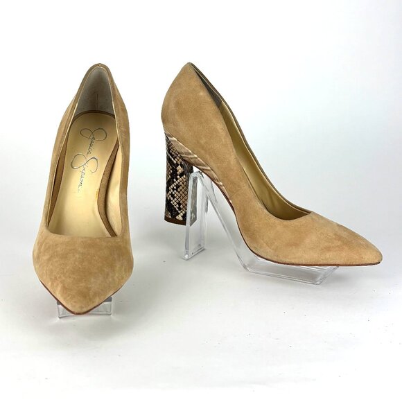 Chic Jessica Simpson Suede Pumps with Snakeskin Block Heels – Size 7.5 - Picture 1 of 13